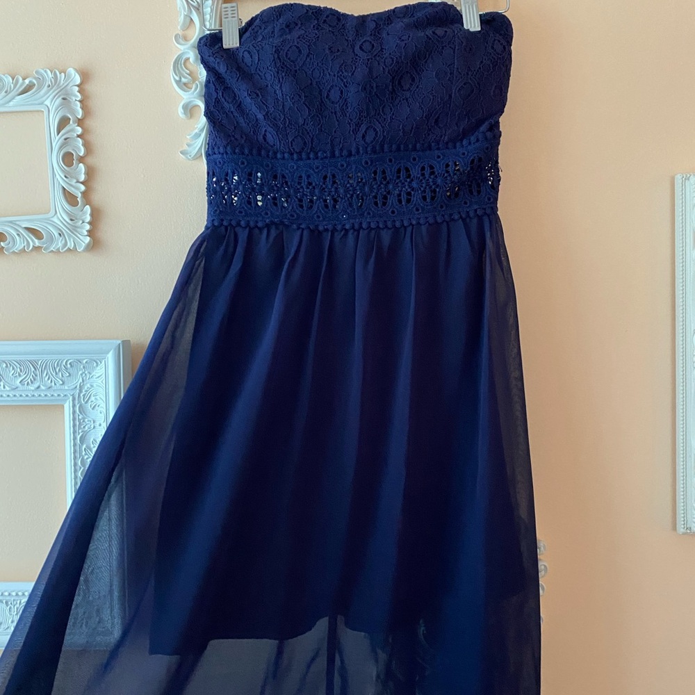 Ya Los Angeles Strapless Maxi Silk Blend Dress Navy Blue Size Small